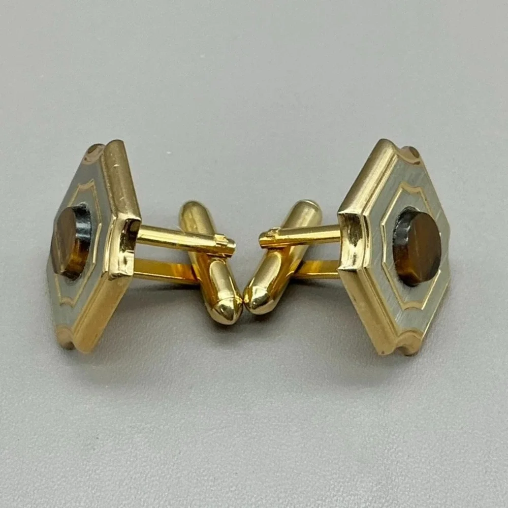 Vintage Cufflinks Tiger Eye Cabochon Gold Silver Tone Geometric Men's Jewelry